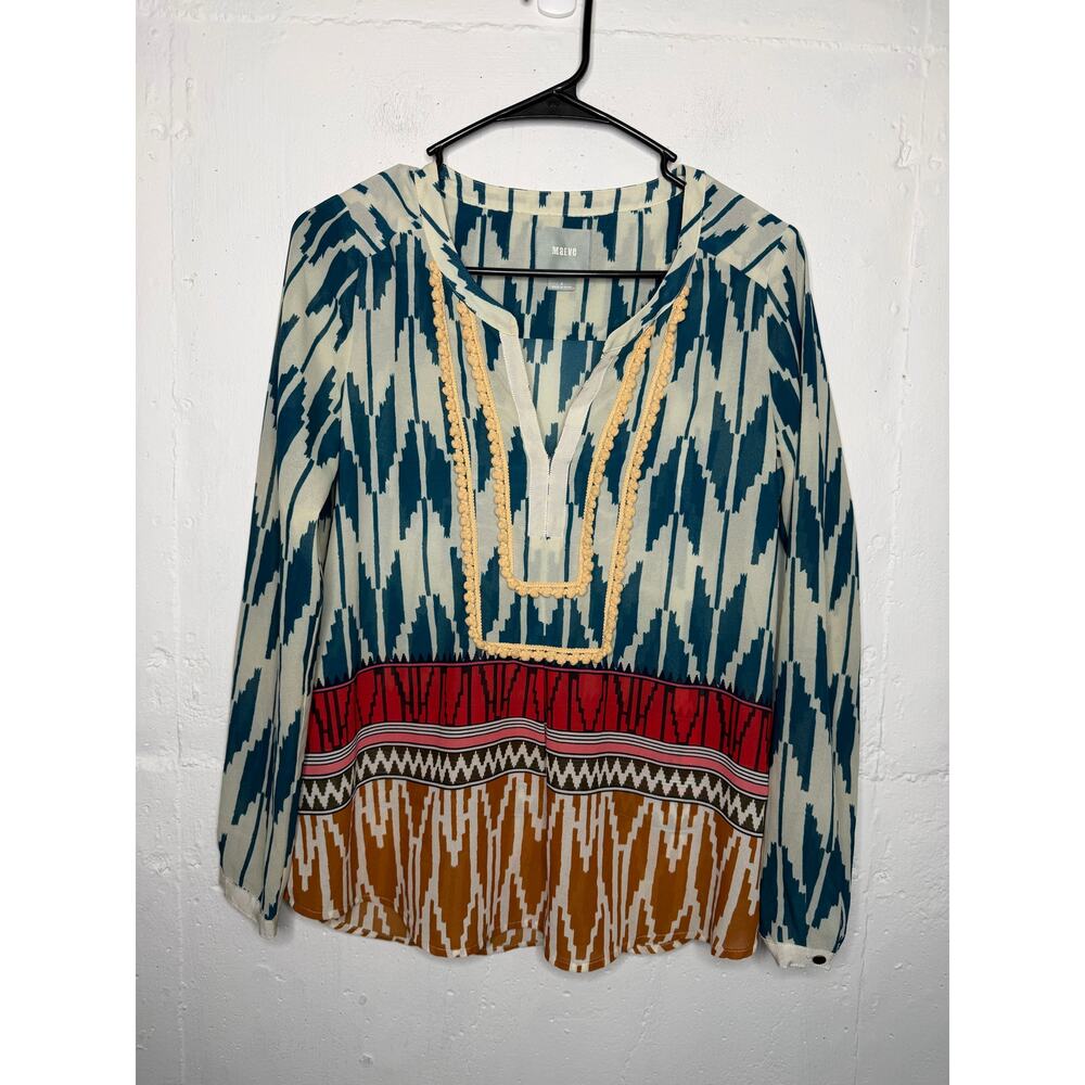 Maeve Anthropologie Women's Size 2 Long Sleeve V-Neck Ikat Aztec Print Blouse